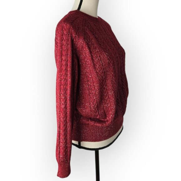 Athleta Red Silver Metallic Sparkle Cable Knit Sweater XS - Picture 4 of 7